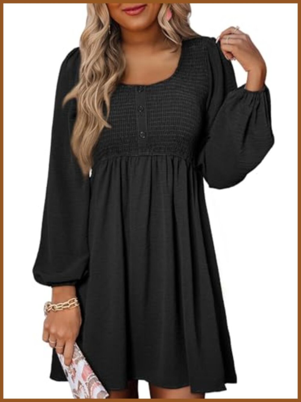 Dokotoo Women Long Sleeve Mini Dress Smocked A-Line Crewneck Casual
